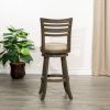 30" Bar Height Slat Back Swivel Stool, Weathered Gray Finish, French Gray Leather Seat
